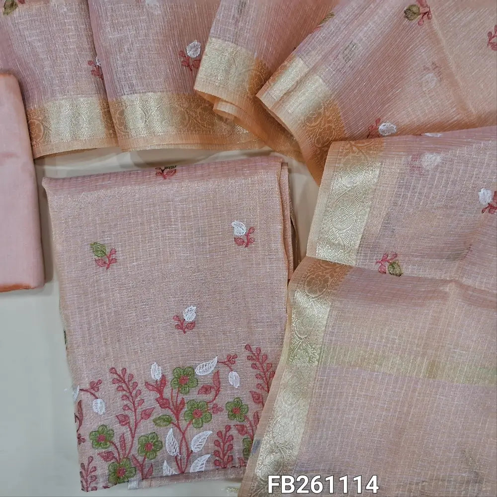 Pastel pink gold tint with golden tint kota tissue silk cotton unstitched salwar material (lining needed) embroidery work on front, matching silk cotton bottom, embroidery work on kota tissue silk cotton full length dupatta with zari borders. FB261114