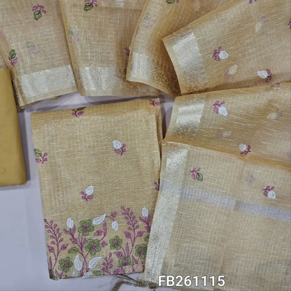 Pastel yellow gold tint with golden tint kota tissue silk cotton unstitched salwar material (lining needed) embroidery work on front, matching silk cotton bottom, embroidery work on kota tissue silk cotton full length dupatta with zari borders. FB261115