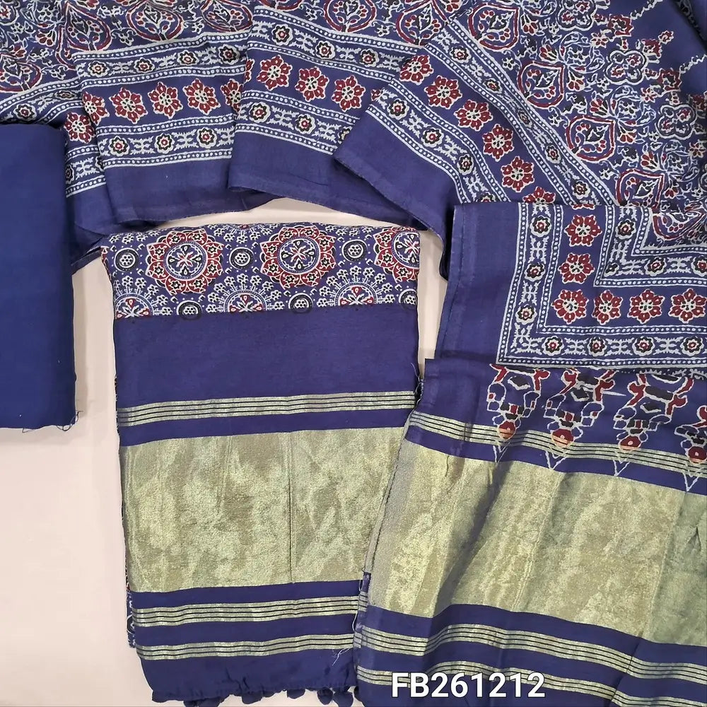 Dark blue taspa silk unstitched salwar material( lining needed) ajrak printed all over, golden tissue borders with daman,matching spun cotton bottom,printed full length taspa silk dupatta with golden tissue pallu.FB261212