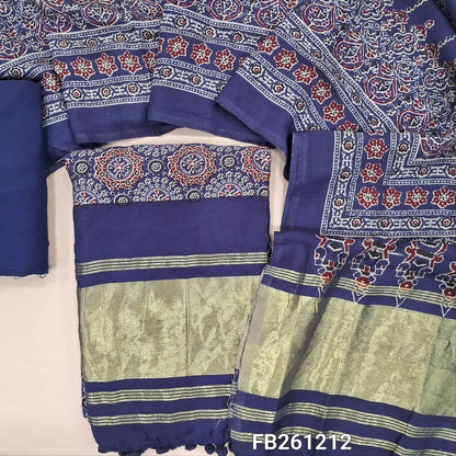 Dark blue taspa silk unstitched salwar material( lining needed) ajrak printed all over, golden tissue borders with daman,matching spun cotton bottom,printed full length taspa silk dupatta with golden tissue pallu.FB261212