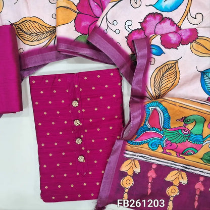 Rani pink slub silk cotton unstitched salwar material (lining needed) fancy buttons on yoke,zari woven buttas all over, matching silk cotton bottom, colorful kalamkari digital printed silk cotton dupatta. FB261203