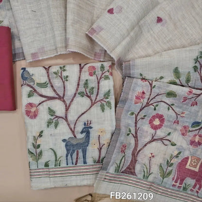 Light beige silk cotton unstitched salwar material (Lightweight, Lining Needed) rich thread weaving on daman, pink silk cotton bottom, fancy silk cotton dupatta with rich thread weaving pallu. FB261209