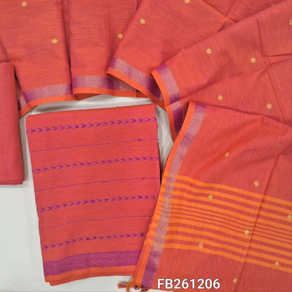 Bright peachish pink  south handloom cotton unstitched salwar material (lining needed) thread weaving all over,matching handloom cotton bottom, zari buttas on full length handloom cotton dupatta. FB261206