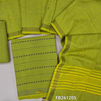 Leafy green south handloom cotton unstitched salwar material (lining needed) thread weaving all over,matching handloom cotton bottom, zari buttas on full length handloom cotton dupatta. FB261205