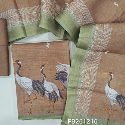 Light chocolate brown with golden tint tissue silk cotton unstitched salwar material ( lining needed) printed all over, digital printed daman,matching spun cotton bottom,digital printed full length dupatta with tissue borders.FB261216