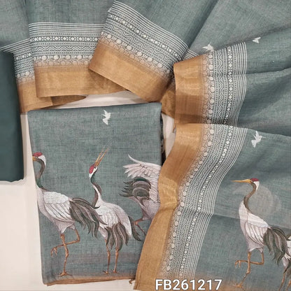 Grey with golden tint tissue silk cotton unstitched salwar material ( lining needed) printed all over, digital printed daman,matching spun cotton bottom,digital printed full length dupatta with tissue borders.FB261217