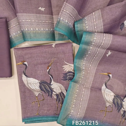 Purple with golden tint tissue silk cotton unstitched salwar material ( lining needed) printed all over, digital printed daman,matching spun cotton bottom,digital printed full length dupatta with tissue borders.FB261215