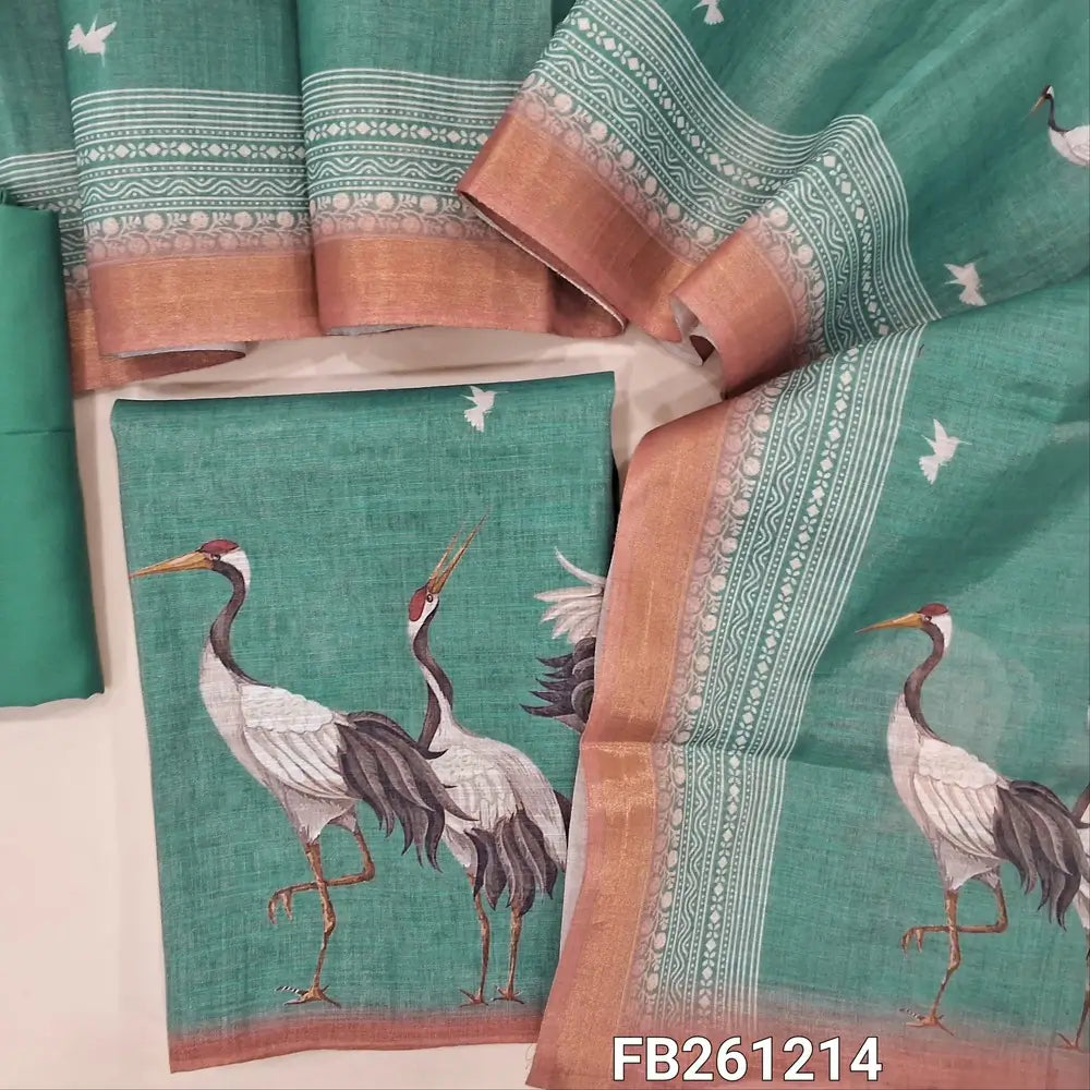 Blue with golden tint tissue silk cotton unstitched salwar material ( lining needed) printed all over, digital printed daman,matching spun cotton bottom,digital printed full length dupatta with tissue borders .FB261214