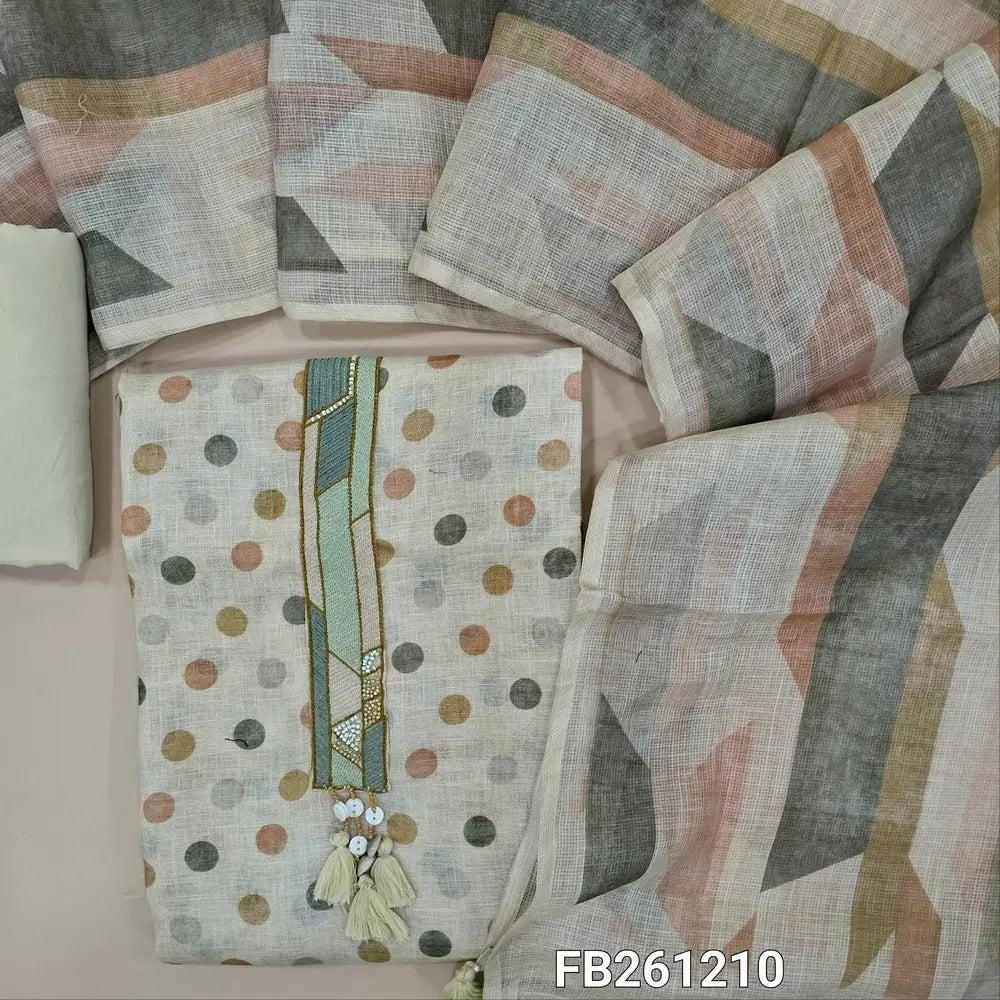 Light beige linen unstitched salwar material (textured, Lining Needed)thread embroidery and bead work on yoke, polka dots all over, matching spun cotton bottom, abstract printed premium linen dupatta. FB261210