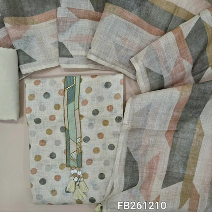 Light beige linen unstitched salwar material (textured, Lining Needed)thread embroidery and bead work on yoke, polka dots all over, matching spun cotton bottom, abstract printed premium linen dupatta. FB261210