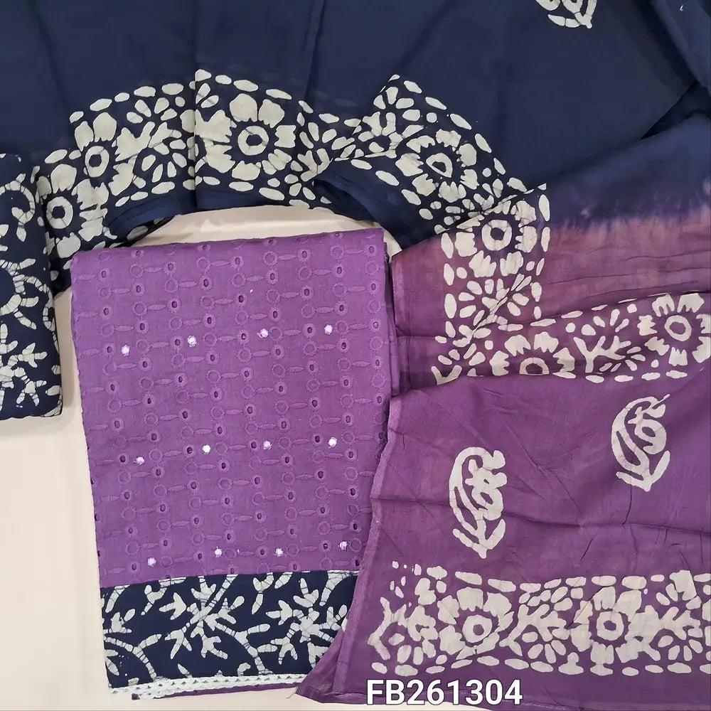 Dark mauve schiffli embroidered pure soft cotton unstitched salwar material(lining needed) faux mirror on front, batik daman, dark blue batik dyed cotton bottom, dual shaded batik dyed premium mul cotton dupatta. FB261304