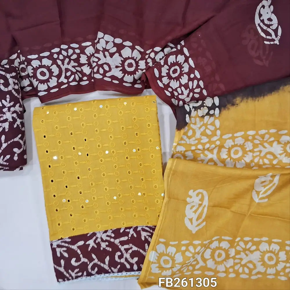 Mehandhi yellow schiffli embroidered pure soft cotton unstitched salwar material(lining needed) faux mirror on front, batik daman, dark maroon batik dyed cotton bottom, dual shaded batik dyed premium mul cotton dupatta. FB261305