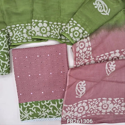 Onion pink schiffli embroidered pure soft cotton unstitched salwar material(lining needed) faux mirror on front, batik daman, green batik dyed cotton bottom, dual shaded batik dyed premium mul cotton dupatta. FB261306