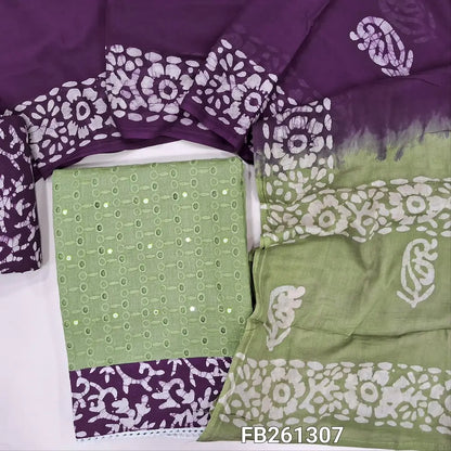 Sage green schiffli embroidered pure soft cotton unstitched salwar material(lining needed) faux mirror on front, batik daman, deep wine purple batik dyed cotton bottom, dual shaded batik dyed premium mul cotton dupatta. FB261307