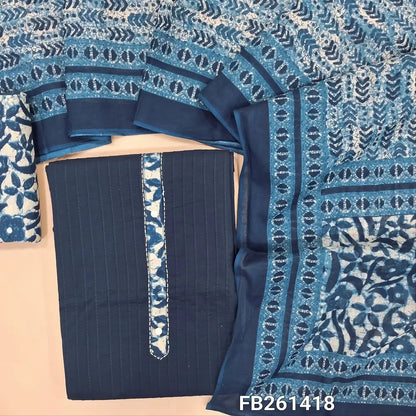 Dark blue pure cotton unstitched salwar material, pintucks stitch detailing all over, printed yoke, printed cotton bottom, printed pure cotton full length dupatta. FB261418