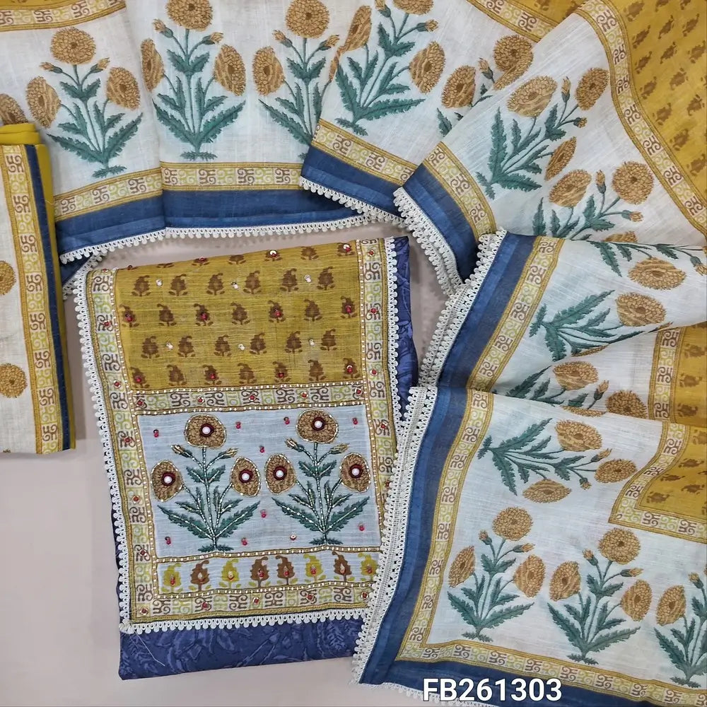 Dark blueish grey printed semi linen unstitched salwar material, (lining needed)contrast printed yoke with cut bead, pearl bead and thread embroidery, printed yellow cotton bottom, printed premium semi linen dupatta with lace tapping. FB261303