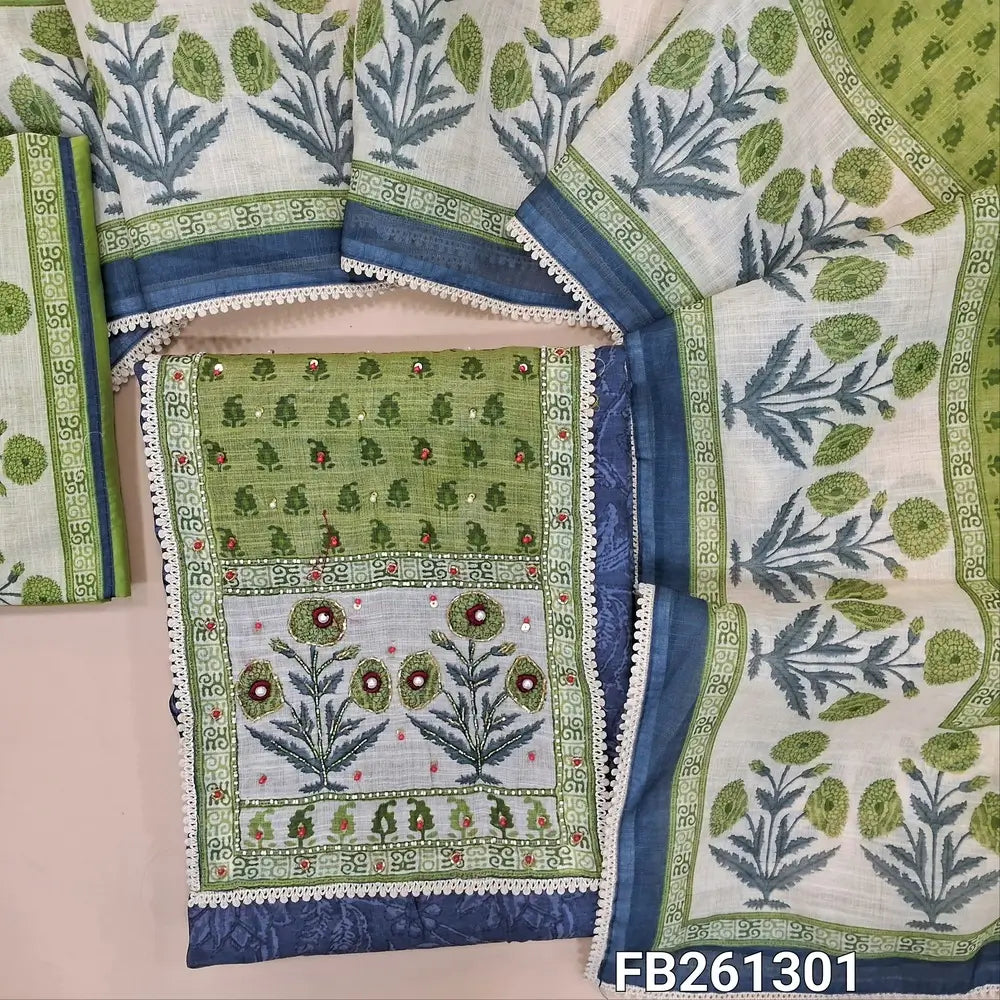 Dark blueish grey printed semi linen unstitched salwar material, (lining needed)contrast printed yoke with cut bead, pearl bead and thread embroidery, printed green cotton bottom, printed premium semi linen dupatta with lace tapping. FB261301
