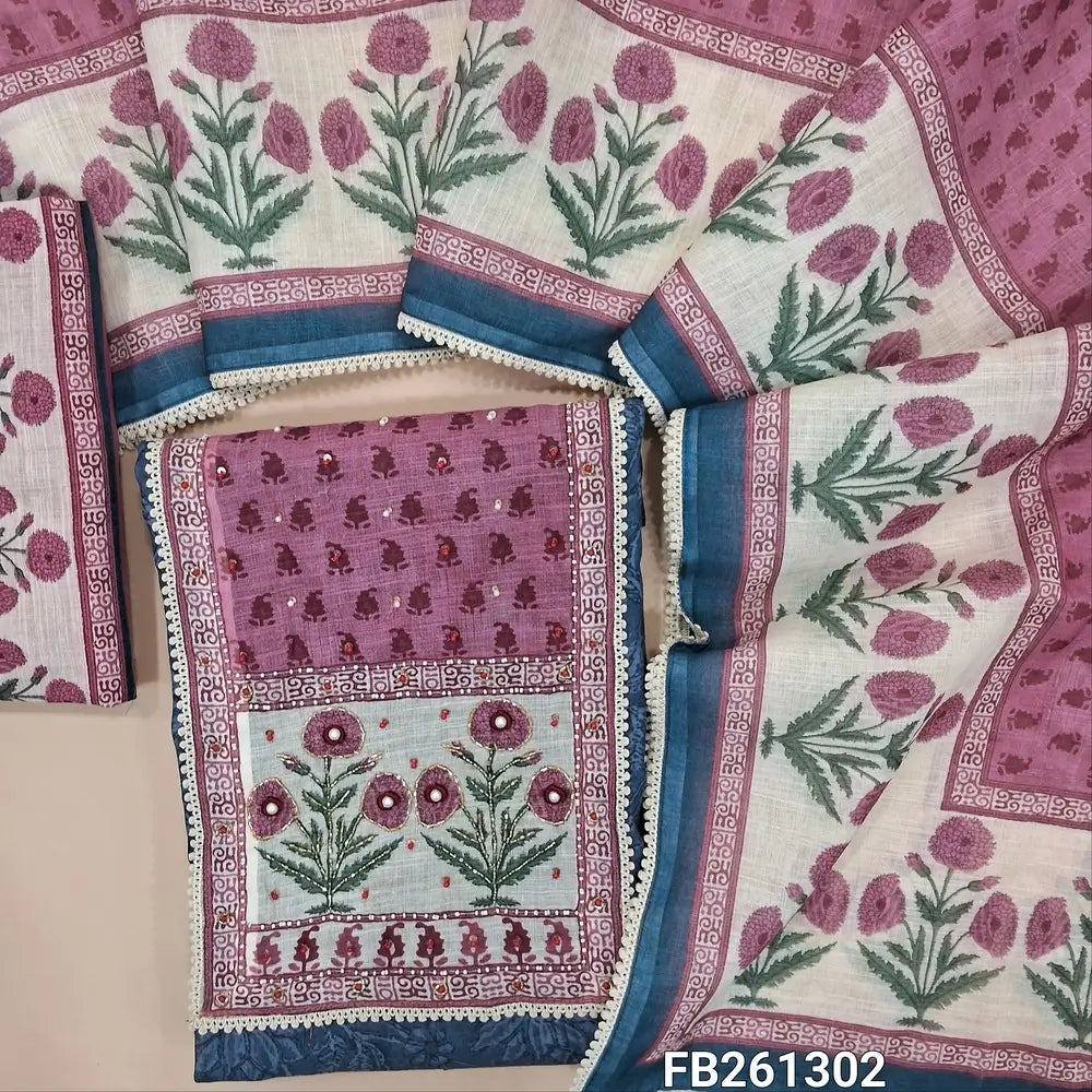 Dark blueish grey printed semi linen unstitched salwar material, (lining needed)contrast printed yoke with cut bead, pearl bead and thread embroidery, printed pink cotton bottom, printed premium semi linen dupatta with lace tapping. FB261302