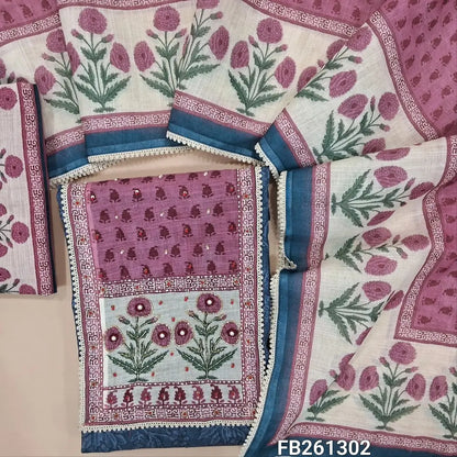 Dark blueish grey printed semi linen unstitched salwar material, (lining needed)contrast printed yoke with cut bead, pearl bead and thread embroidery, printed pink cotton bottom, printed premium semi linen dupatta with lace tapping. FB261302