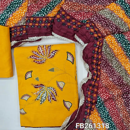 Mehandhi yellow slub cotton unstitched salwar material (lining optional)real mirror yoke,applique work with thread and zari detailing on daman, matching spun cotton bottom, fancy multicoloured crinkled soft silk cotton dupatta with lace tapping. FB261318