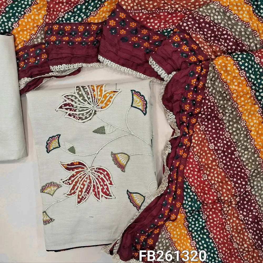 Light beige slub cotton unstitched salwar material (lining optional)real mirror on yoke,applique work with thread and zari detailing on daman, matching spun cotton bottom, fancy multicoloured crinkled soft silk cotton dupatta with lace tapping. FB261320