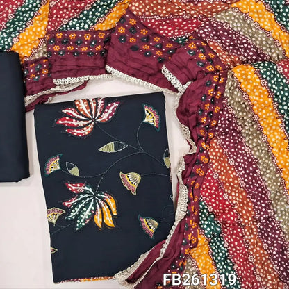 Black slub cotton unstitched salwar material (lining optional)real mirror on yoke,applique work with thread and zari detailing on daman, matching spun cotton bottom, fancy multicoloured crinkled soft silk cotton dupatta with lace tapping. FB261319