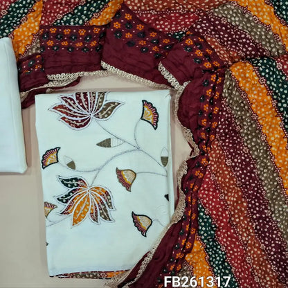 Half white slub cotton unstitched salwar material (lining optional)real mirror yoke,applique work with thread and zari detailing on daman, matching spun cotton bottom, fancy multicoloured crinkled soft silk cotton dupatta with lace tapping. FB261317