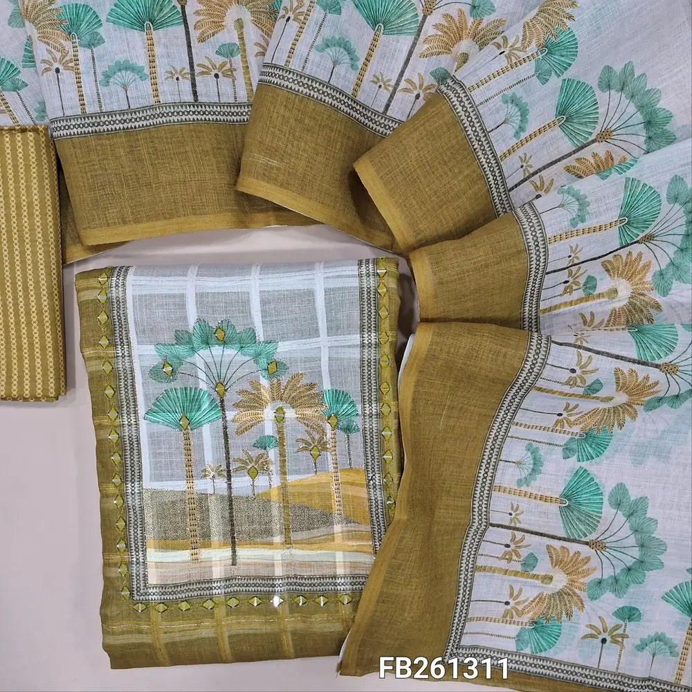 Mehandhi yellow semi linen unstitched salwar material (lining needed)printed yoke with zari and real mirror work, self checked design all over, printed daman, printed cotton bottom, printed semi linen dupatta. FB261311