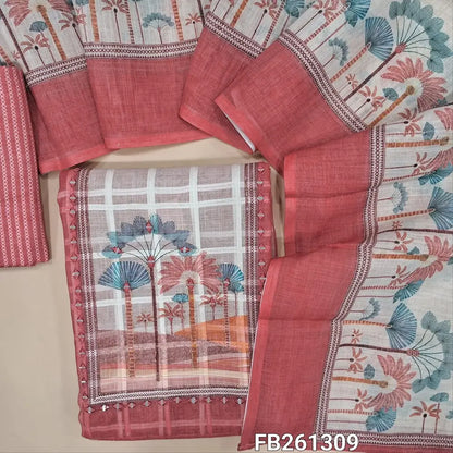 Pastel pink semi linen unstitched salwar material (lining needed)printed yoke with zari and real mirror work, self checked design all over, printed daman, printed cotton bottom, printed semi linen dupatta. FB261309