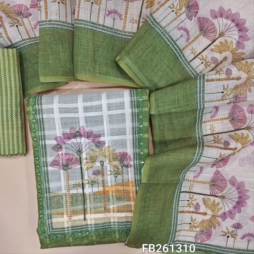 Light green semi linen unstitched salwar material (lining needed)printed yoke with zari and real mirror work, self checked design all over, printed daman, printed cotton bottom, printed semi linen dupatta. FB261310