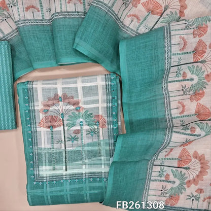 Pastel blue semi linen unstitched salwar material (lining needed)printed yoke with zari and real mirror work, self checked design all over, printed daman, printed cotton bottom, printed semi linen dupatta. FB261308