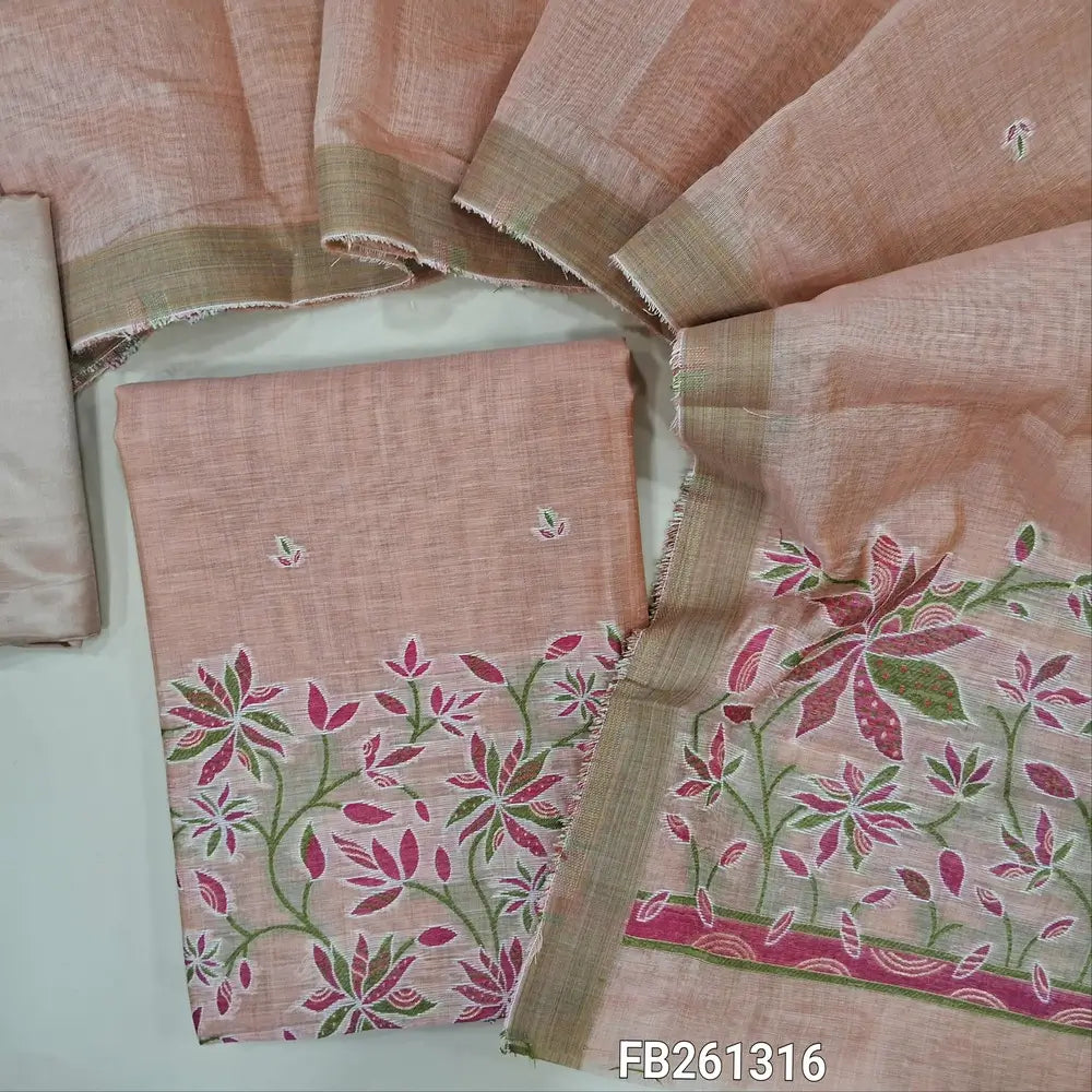 Pastel pink fancy silk cotton unstitched salwar material(lightweight, lining needed) rich thread weaving on daman, matching silky bottom, silk cotton dupatta with rich thread weaving pallu. (REQUIRES TAPINGS)FB261316