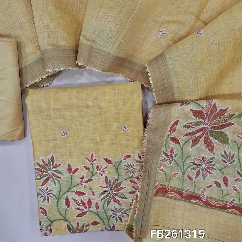 Pastel yellowish beige fancy silk cotton unstitched salwar material(lightweight, lining needed) rich thread weaving on daman, matching silky bottom, silk cotton dupatta with rich thread weaving pallu. (REQUIRES TAPINGS)FB261315