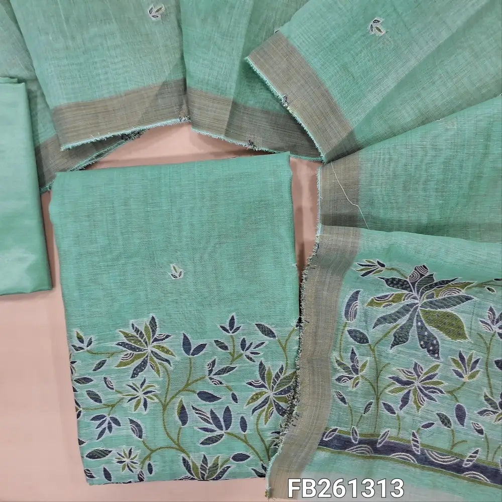 Pastel blue fancy silk cotton unstitched salwar material(lightweight, lining needed) rich thread weaving on daman, matching silky bottom, silk cotton dupatta with rich thread weaving pallu.(REQUIRES TAPINGS)FB261313