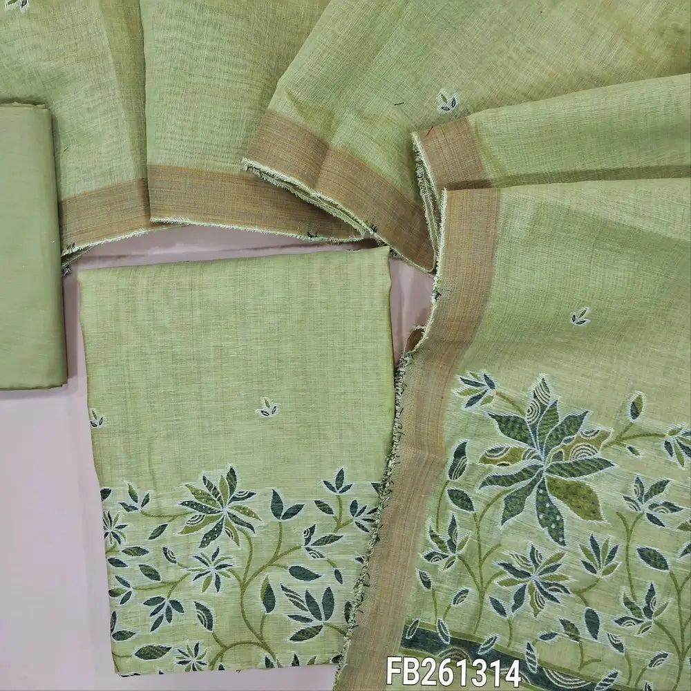 Light green fancy silk cotton unstitched salwar material(lightweight, lining needed) rich thread weaving on daman, matching silky bottom, silk cotton dupatta with rich thread weaving pallu.(REQUIRES TAPINGS) FB261314