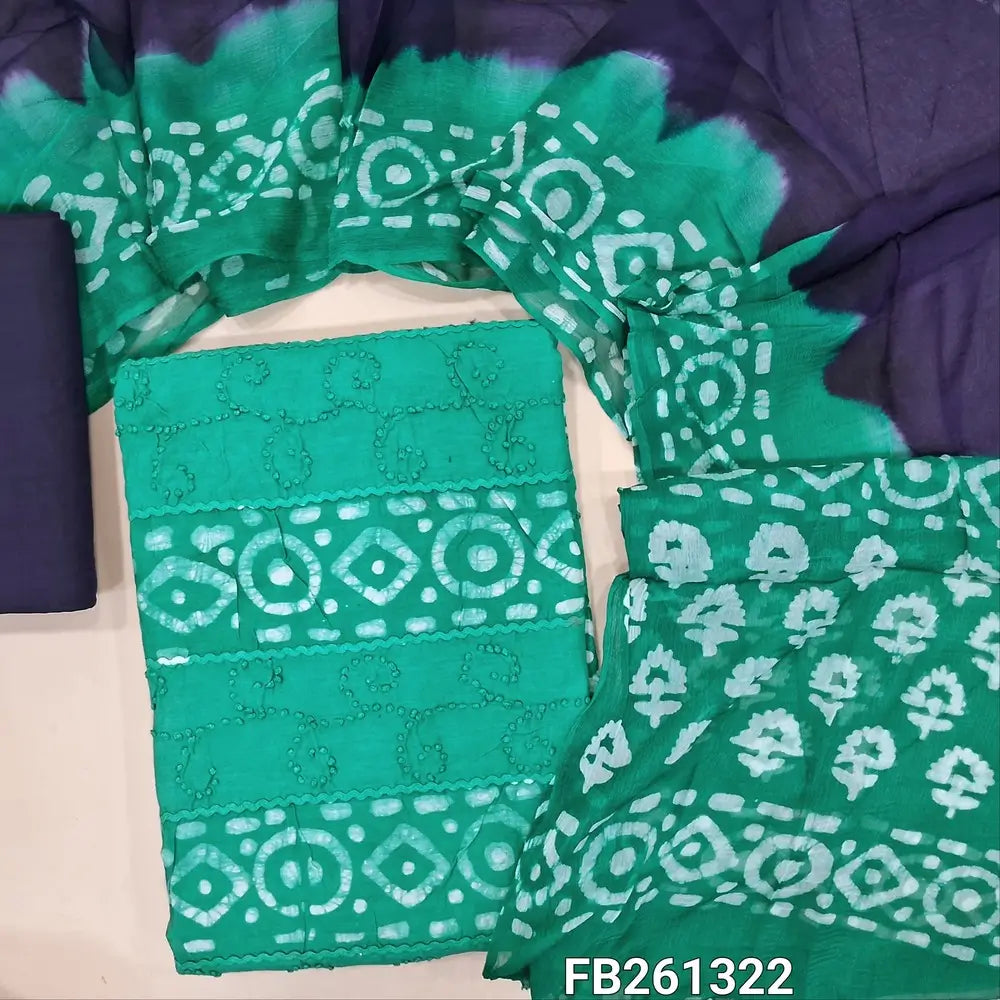Turquoise green Batik dyed pure cotton unstitched salwar material (lining needed) french knot all over, blue drum dyed pure cotton bottom, batik dyed pure chiffon dupatta with contrast pallu (TAPING NEEDED). FB261322