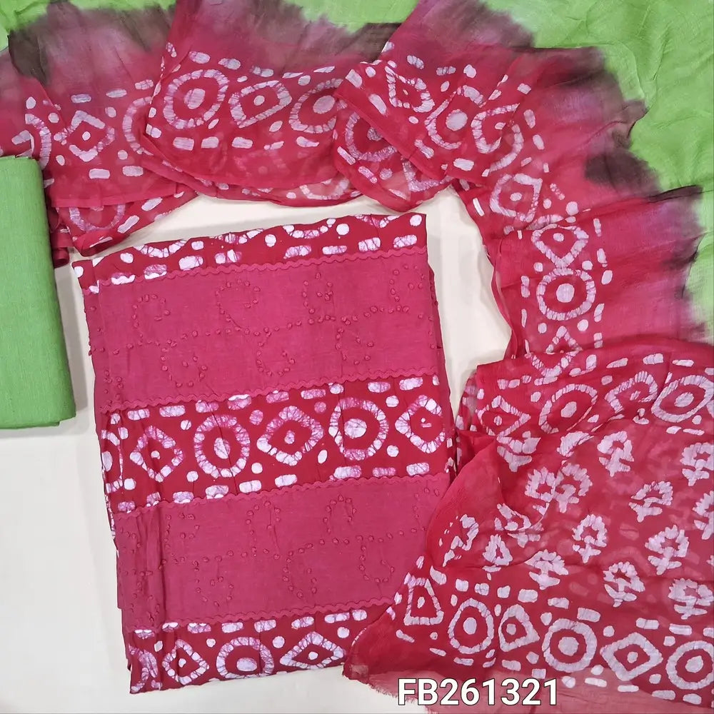 Bright pink Batik dyed pure cotton unstitched salwar material (lining needed) french knot all over, green drum dyed pure cotton bottom, batik dyed pure chiffon dupatta with contrast pallu (TAPING NEEDED). FB261321