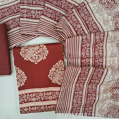 Dark brick red printed soft cotton unstitched salwar material (lining optional)french knot all over,matching spun cotton bottom, printed cotton dupatta. FB261413