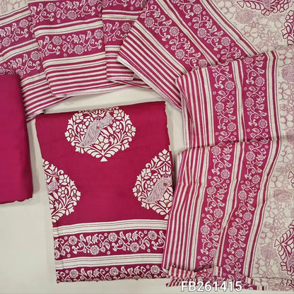 Dark pink printed soft cotton unstitched salwar material (lining optional)french knot all over,matching spun cotton bottom, printed cotton dupatta. FB261415