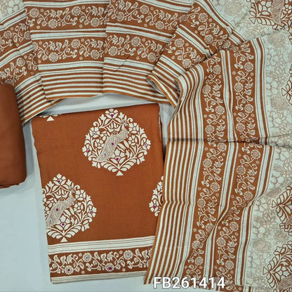 Rust orange printed soft cotton unstitched salwar material (lining optional)french knot all over,matching spun cotton bottom, printed cotton dupatta. FB261414