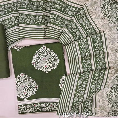 Olive green printed soft cotton unstitched salwar material (lining optional)french knot all over,matching spun cotton bottom, printed cotton dupatta. FB261412