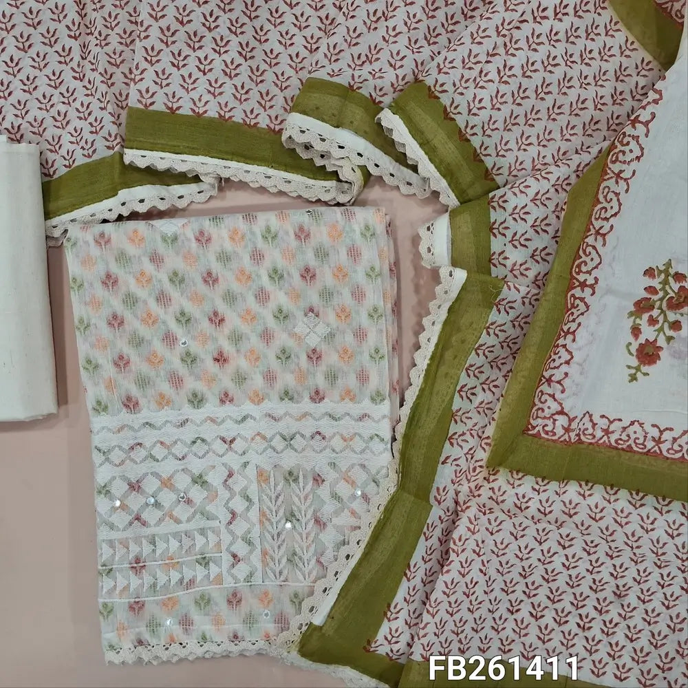 Half white base jakard cotton unstitched salwar material(lining needed)rich embroidery with faux mirror on daman, matching cotton fabric provided for lining, NO BOTTOM, block printed mul cotton dupatta with lace tapping. FB261411