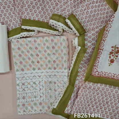 Half white base jakard cotton unstitched salwar material(lining needed)rich embroidery with faux mirror on daman, matching cotton fabric provided for lining, NO BOTTOM, block printed mul cotton dupatta with lace tapping. FB261411