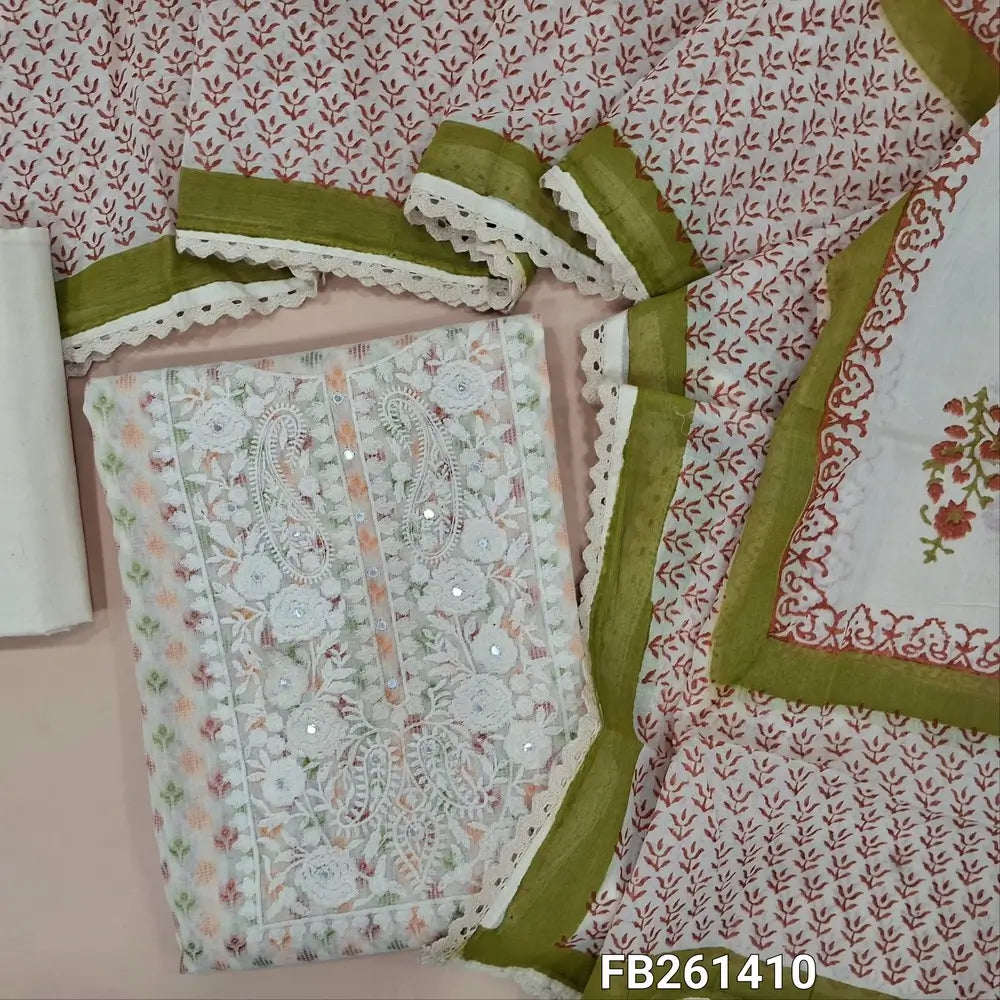 Half white base jakard cotton unstitched salwar material(lining needed)rich embroidery with faux mirror on Yoke, matching cotton fabric provided for lining, NO BOTTOM, block printed mul cotton dupatta with lace tapping. FB261410
