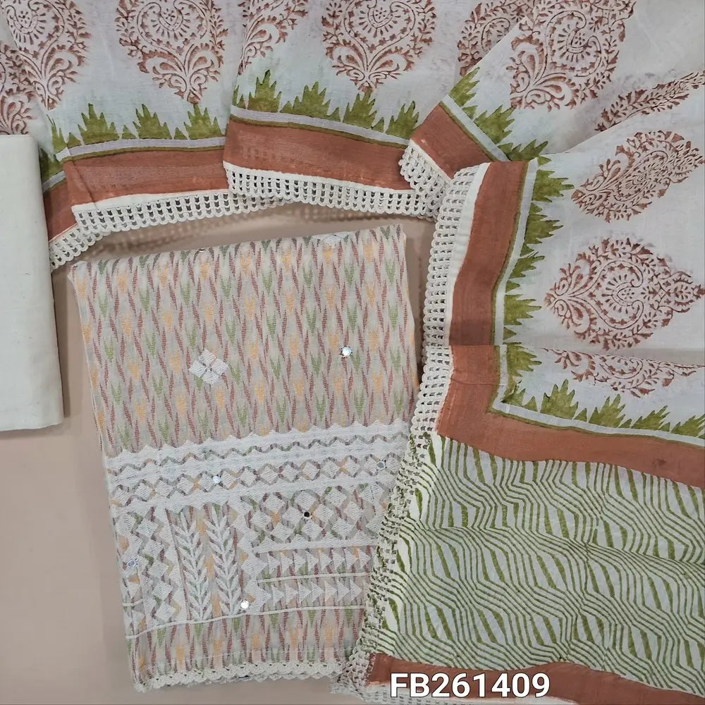 Half white base jakard cotton unstitched salwar material(lining needed)rich embroidery with faux mirror on daman, matching cotton fabric provided for lining, NO BOTTOM, block printed mul cotton dupatta with lace tapping. FB261409