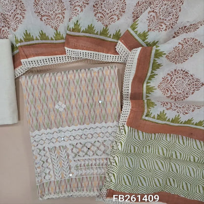 Half white base jakard cotton unstitched salwar material(lining needed)rich embroidery with faux mirror on daman, matching cotton fabric provided for lining, NO BOTTOM, block printed mul cotton dupatta with lace tapping. FB261409