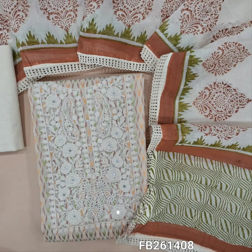 Half white base jakard cotton unstitched salwar material(lining needed)rich embroidery with faux mirror on Yoke, matching cotton fabric provided for lining, NO BOTTOM, block printed mul cotton dupatta with lace tapping. FB261408