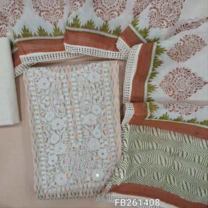 Half white base jakard cotton unstitched salwar material(lining needed)rich embroidery with faux mirror on Yoke, matching cotton fabric provided for lining, NO BOTTOM, block printed mul cotton dupatta with lace tapping. FB261408