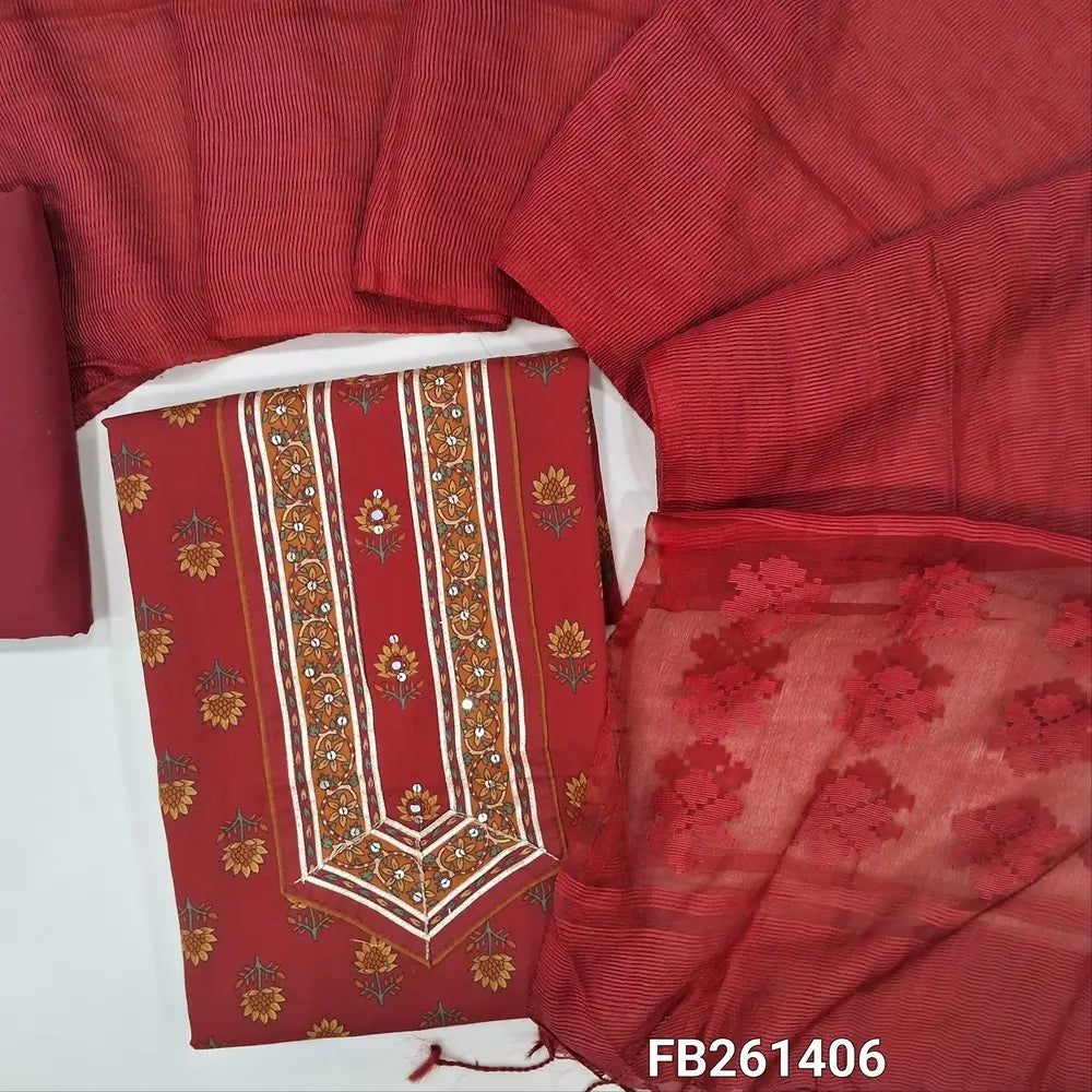 Reddish Maroon digital printed pure premium cotton unstitched salwar material, sequins and gota work on yoke, matching cotton bottom, fancy organza dupatta with brasso weaving. FB261406