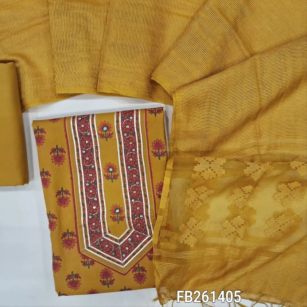 Mehandi Yellow digital printed pure premium cotton unstitched salwar material, sequins and gota work on yoke, matching cotton bottom, fancy organza dupatta with brasso weaving. FB261405